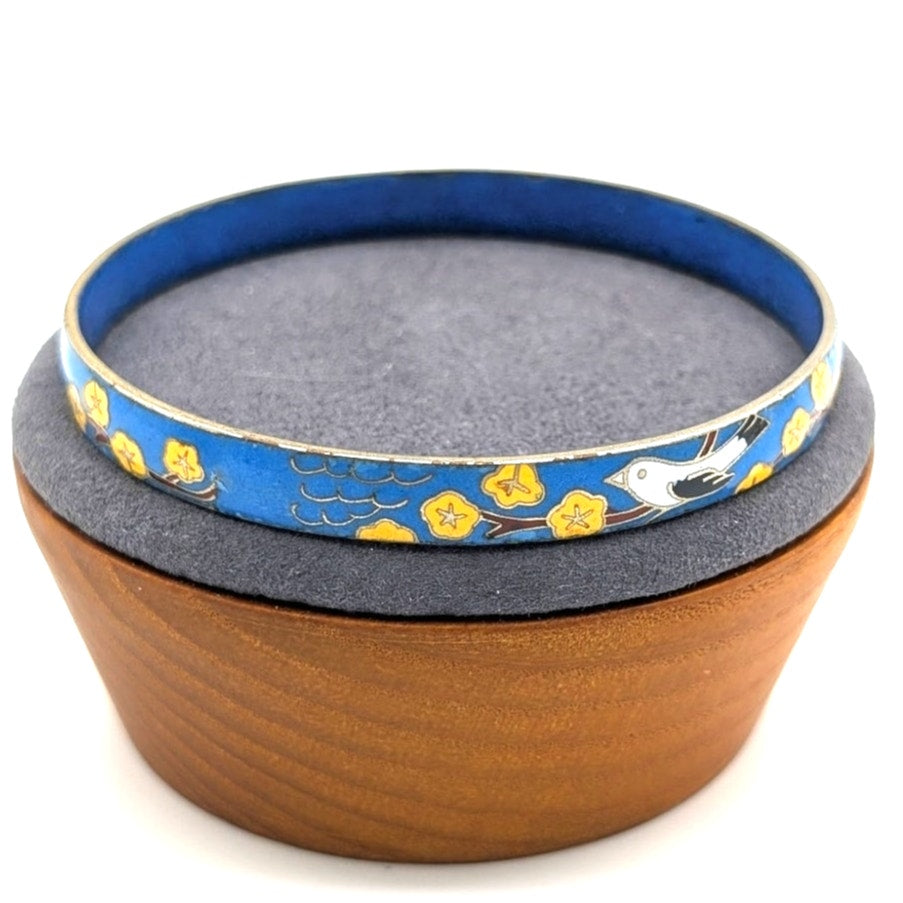 Vintage Blue Enamel Flying Bird Yellow Flower Cloisonne Bangle Bracelet