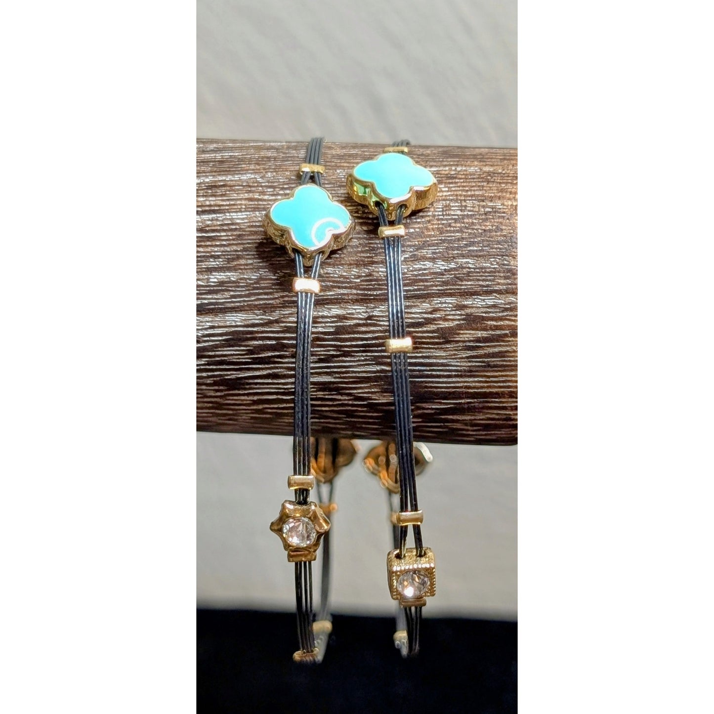 Two Wire Turquoise Enamel Trefoil Rhinestone Flexible Bangle Bracelets