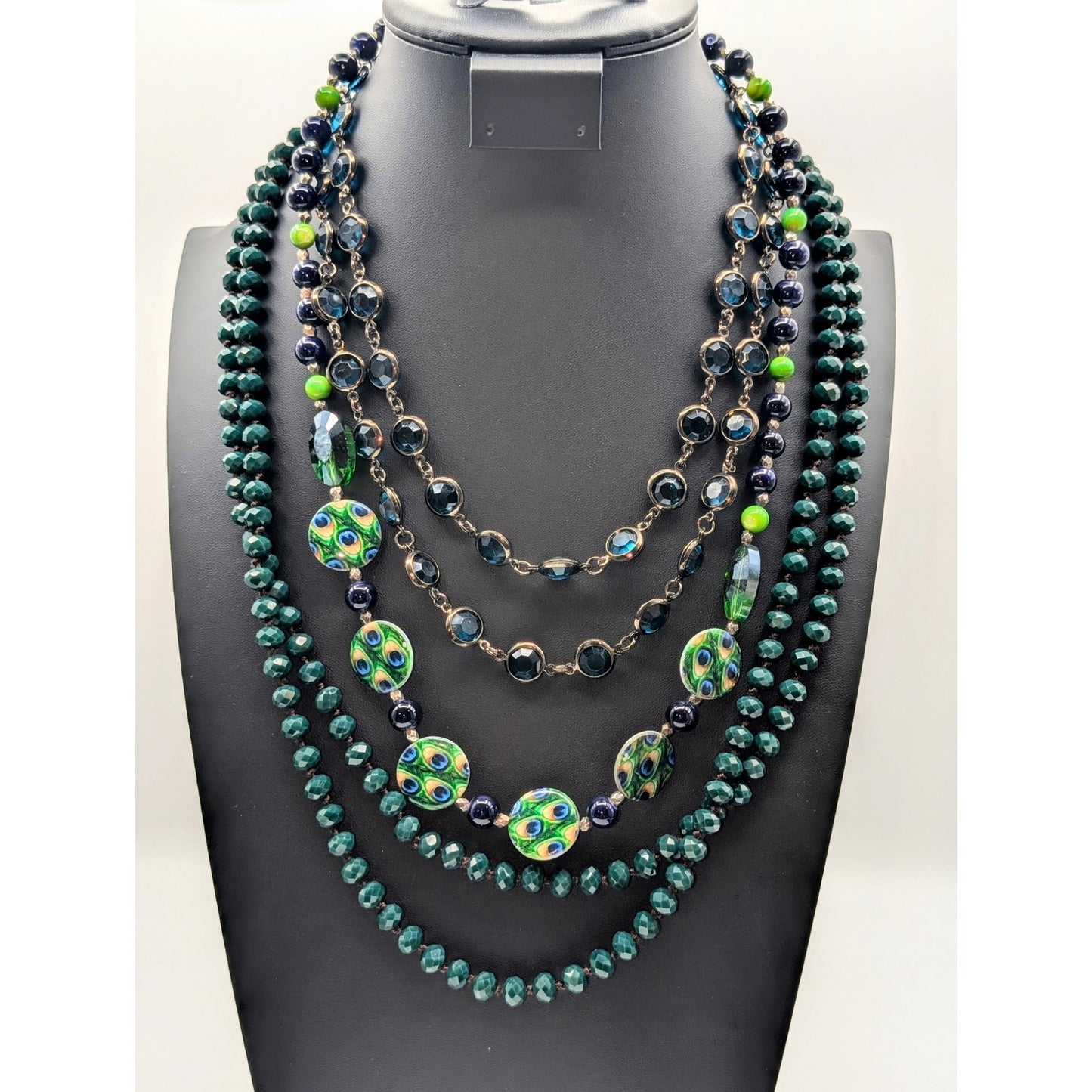 Lot of Blue Green Peacock Glass Czech Shell Crystal 3 Necklaces & 4 Bracelets