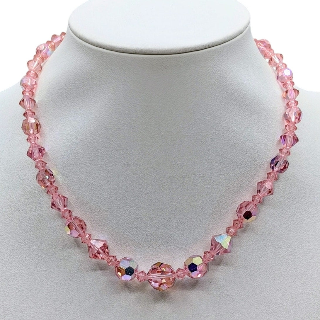 Vintage Pink Faceted AB Crystal Graduated Bead Hook Clasp 14"-15.5" Necklace
