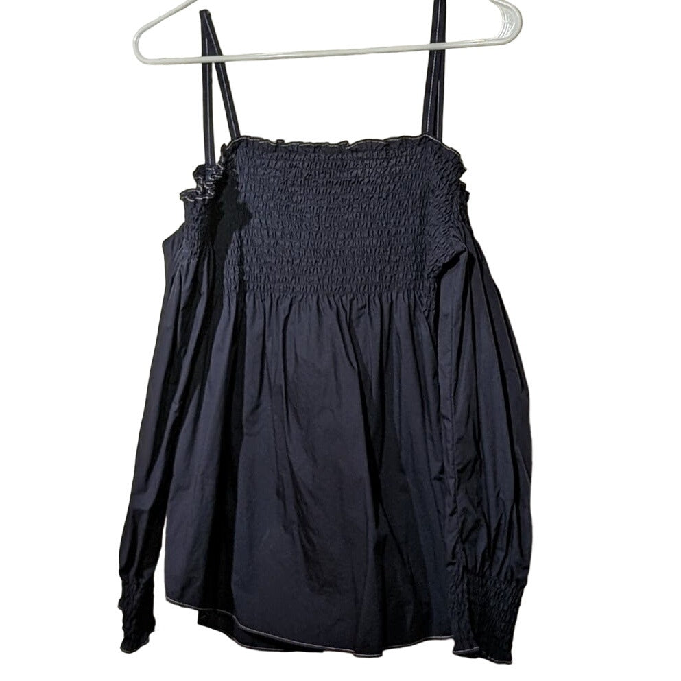 Rebecca Taylor Navy Blue Button Front Smocked Off Shoulder Cotton Blouse Sz 10