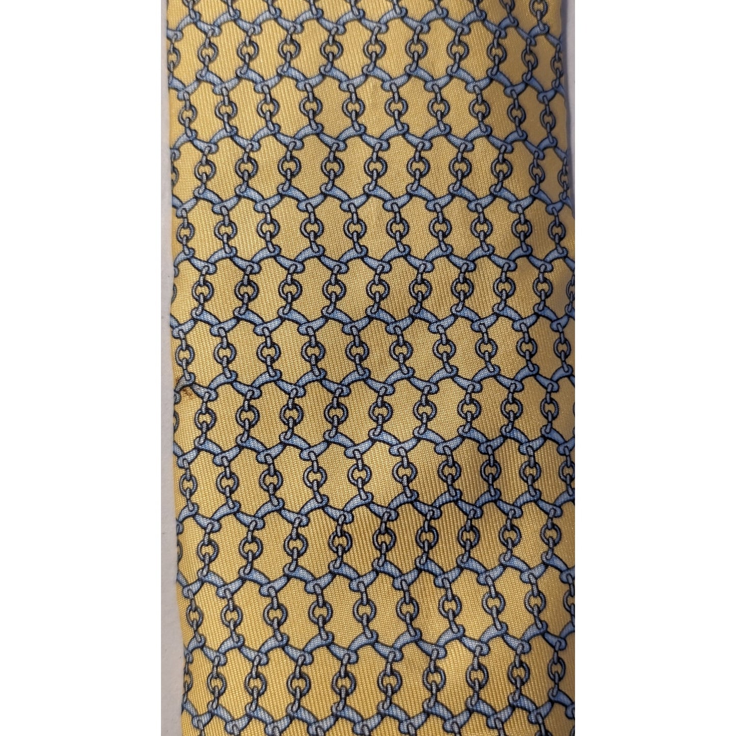 Hermes Paris Vintage 100% Silk Yellow Light Blue Chain Link Design Neck Tie