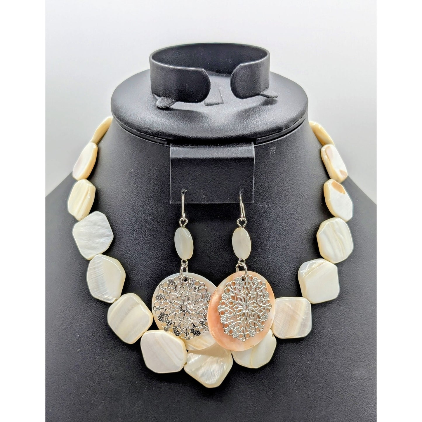 Vintage MCM Mother of Pearl 17" Necklace & Dangle Earring Jewelry Set