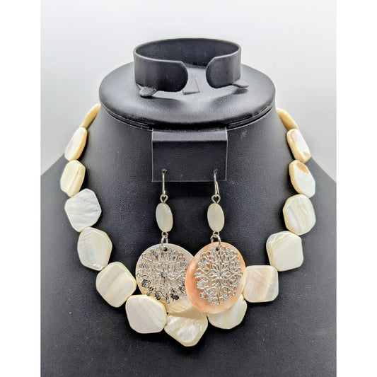 Vintage MCM Mother of Pearl 17" Necklace & Dangle Earring Jewelry Set