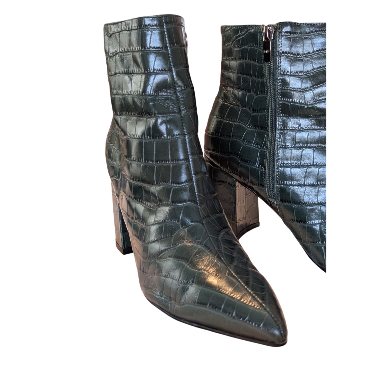 Marc Fisher Green Leather Animal Print Embossed 3" Heel Zip Ankle Boots Sz 9