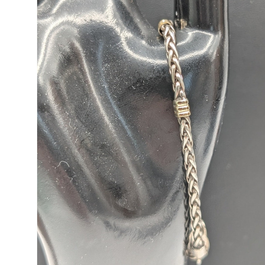 18K Gold & 925 Sterling Silver--Wheat Chain Bracelet W/ 18K Gold Stations 12.22g