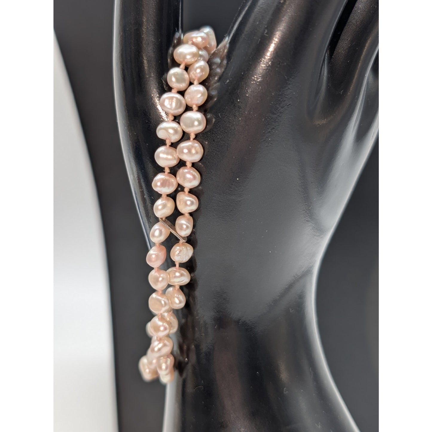 Pink Freshwater Pearl Double Strand Knotted Sterling Silver Clasp 8.25" Bracelet