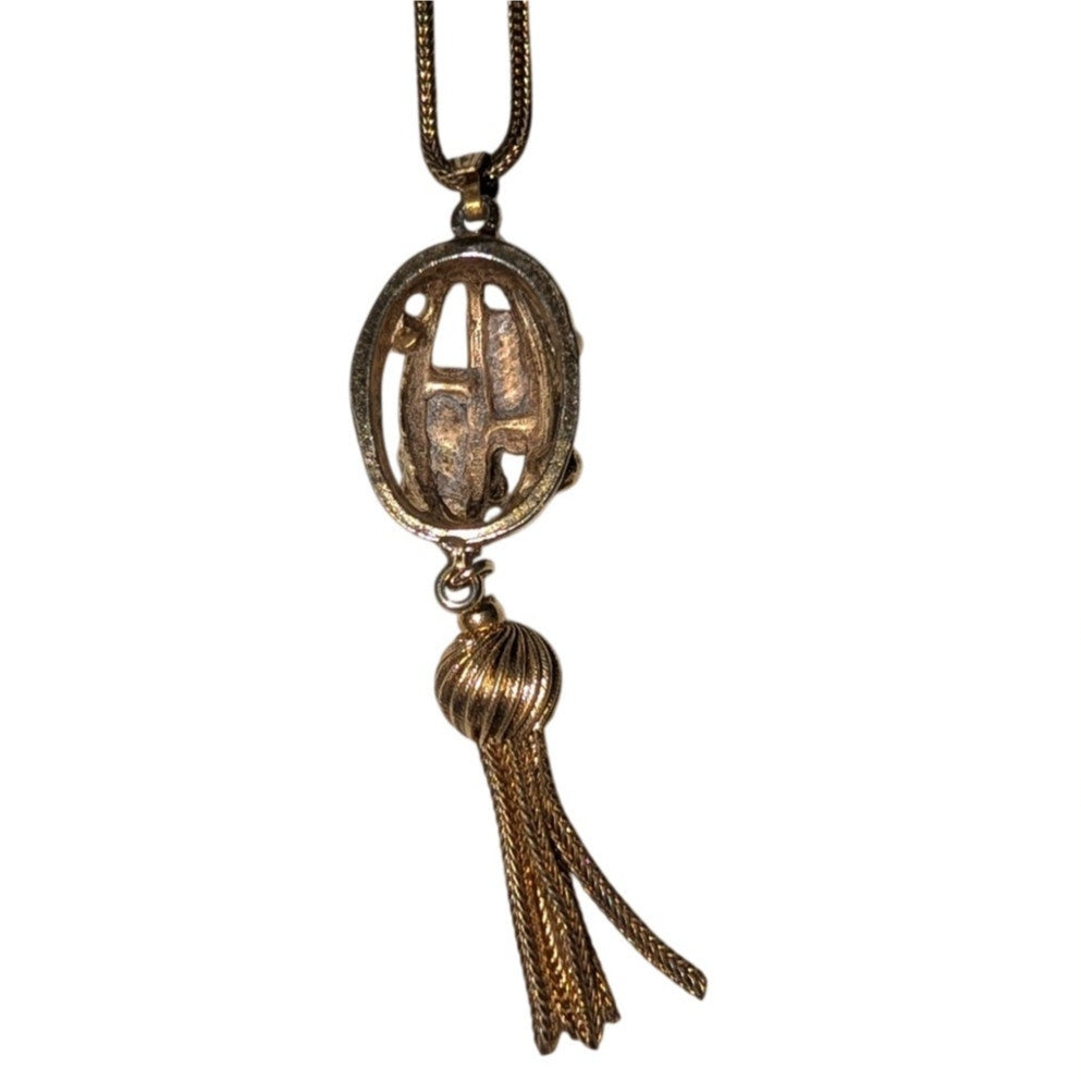 Vintage Gold Tone Cage Flower Tassel Pendant Gold Tone Chain Necklace
