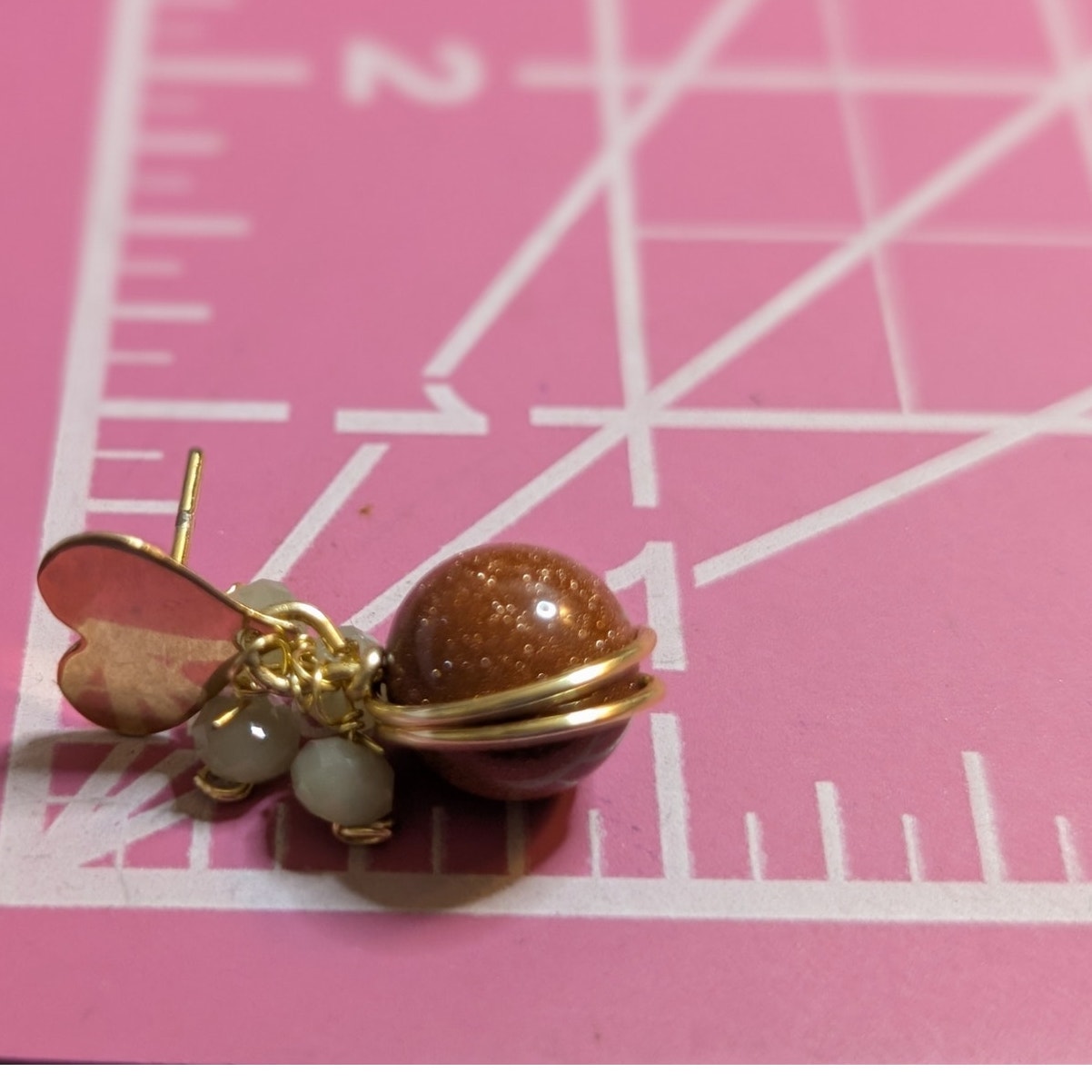 Gold Tone Heart Faux Gold Stone Beaded Post Dangle Earrings