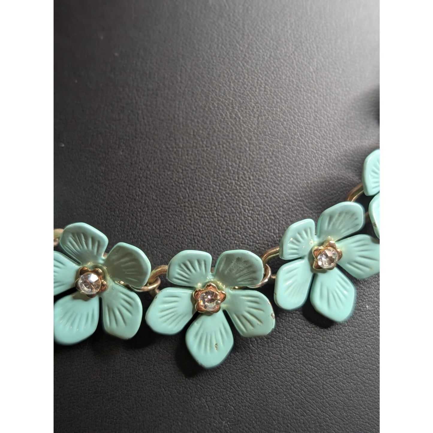 Aqua Enamel Rhinestone Center Flowers Paper Clip Chain Statement Necklace