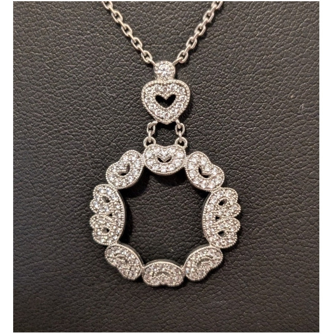 Vintage Sparkling CZ Heart Wreath 925 Sterling Silver 18" Necklace