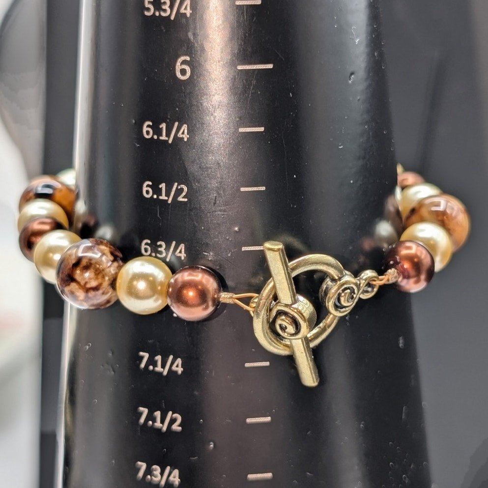 Gold Tone Faux Pearl Brown Stone Beaded Toggle Clasp Bracelet