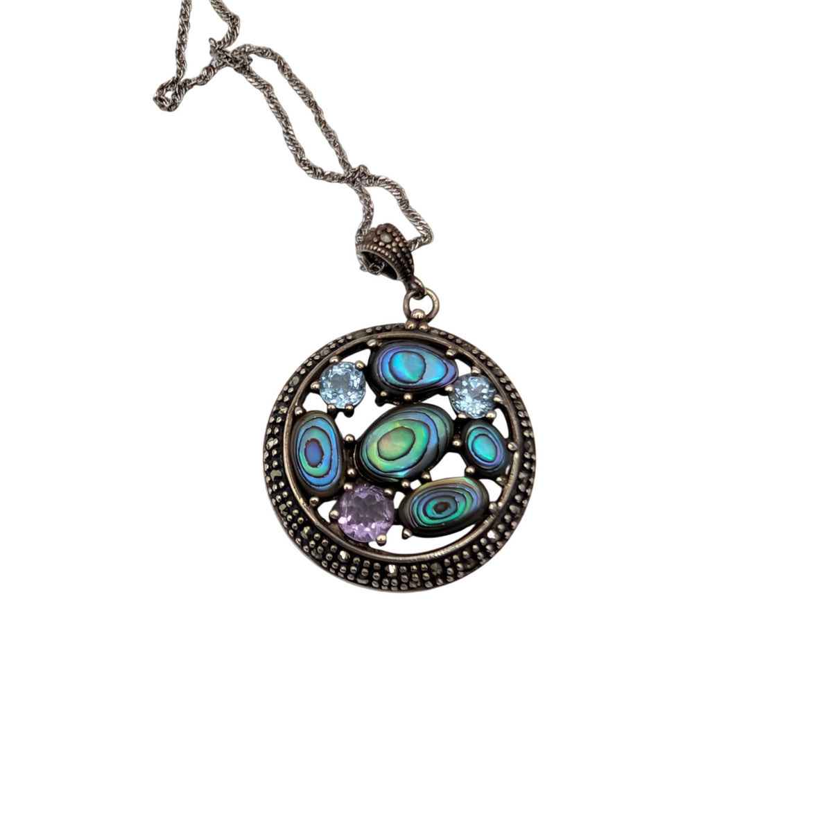 Vtg 925 Sterling Silver SLC Thailand Abalone Gemstone Marcasite Pendant Necklace