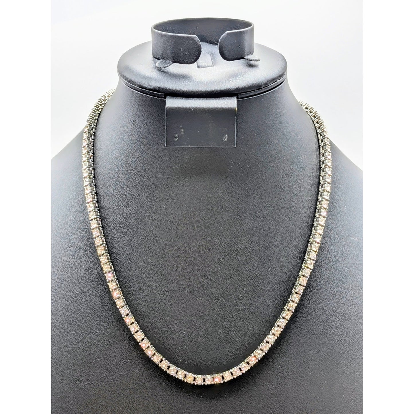 Vintage Silver Tone Rhinestone Tennis 20.5" Necklace W/ Fold Over Clasp