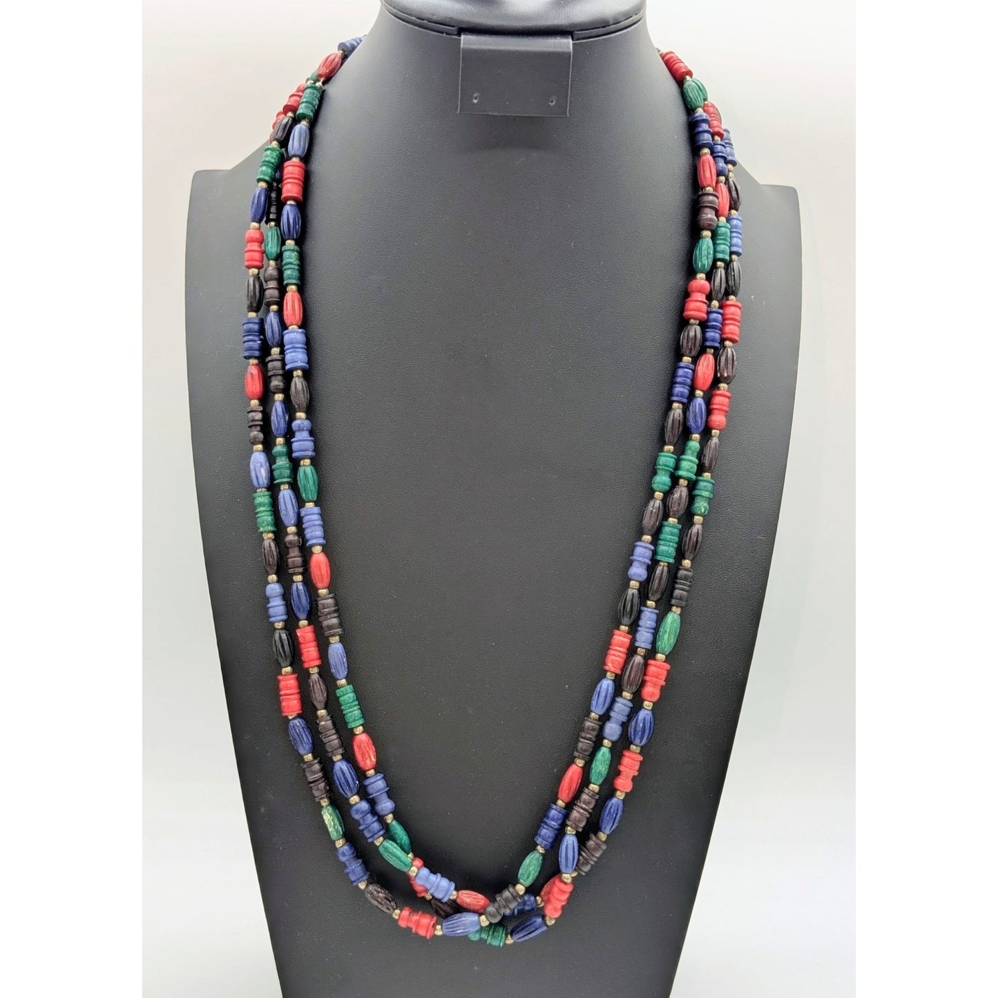 Vintage Triple Strand Jewel Tone Tribal Resin Bead Hook Clasp 30" Necklace