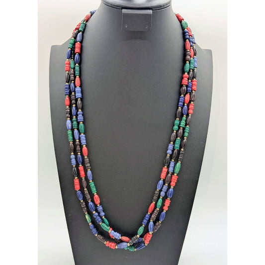 Vintage Triple Strand Jewel Tone Tribal Resin Bead Hook Clasp 30" Necklace