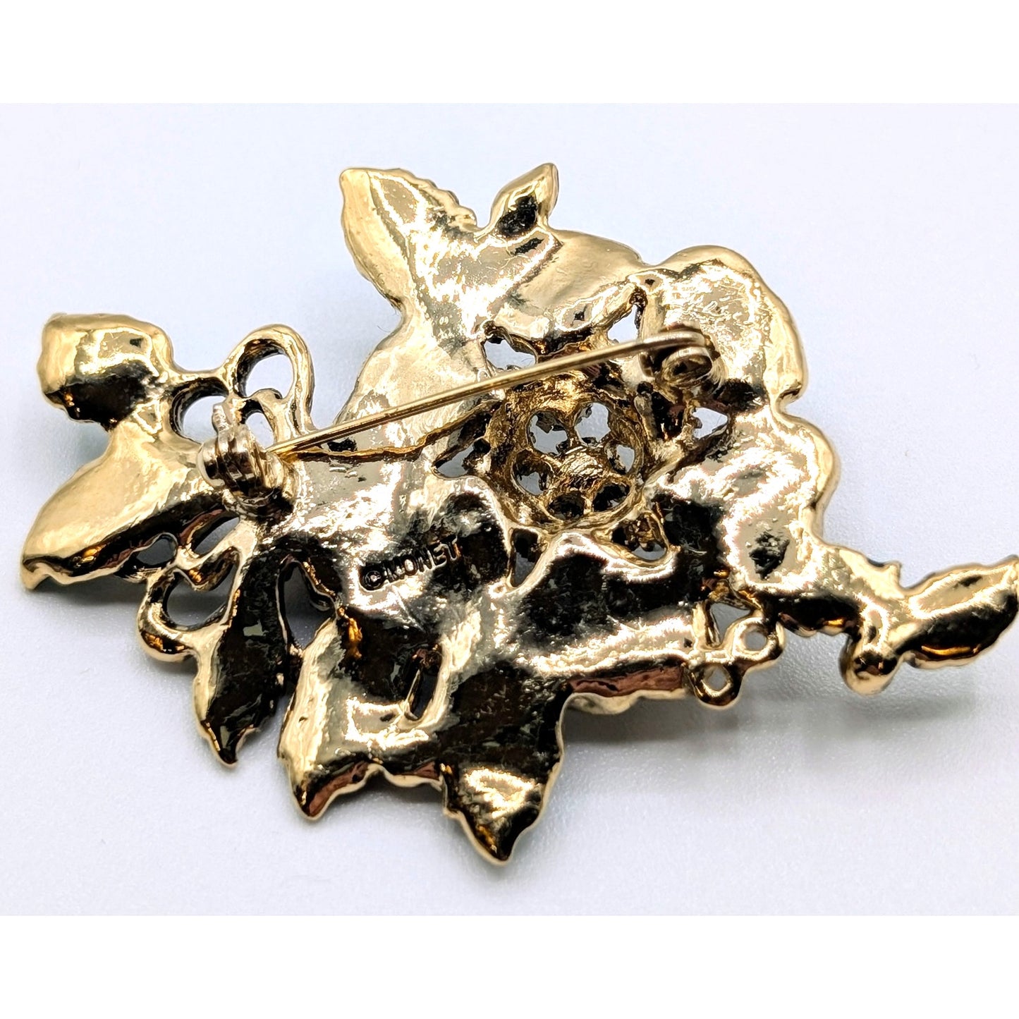 Vintage Monet Faux Pearl Enamel Floral Leaf Gold Tone Brooch
