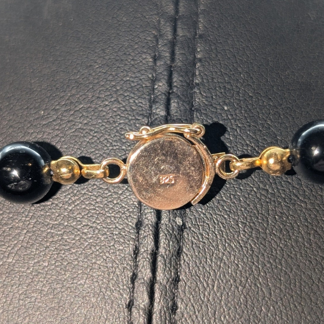 8mm Black Stone Beaded Hand Knotted Necklace 925 Vermeil Chinese Symbol Clasp
