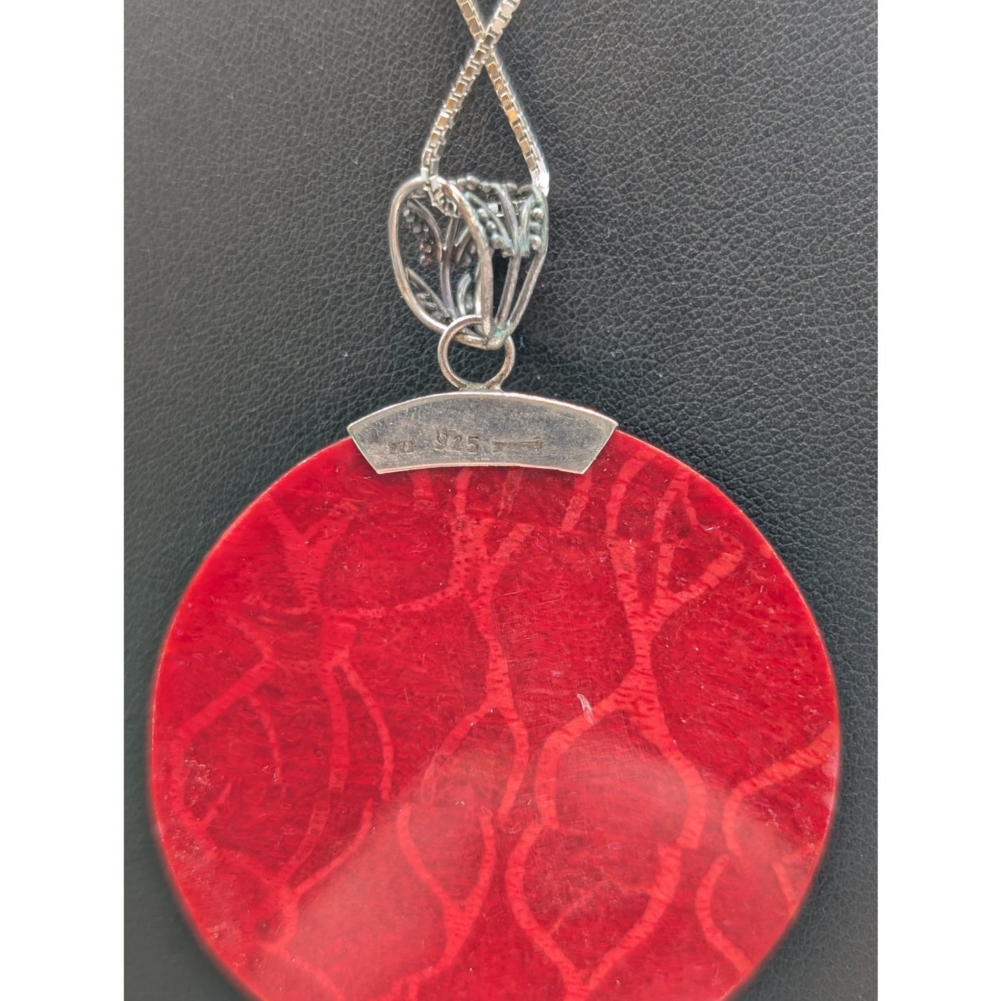 Vtg 925 Sterling Silver Bali Design Red Sponge Coral Pendant Box Chain Necklace