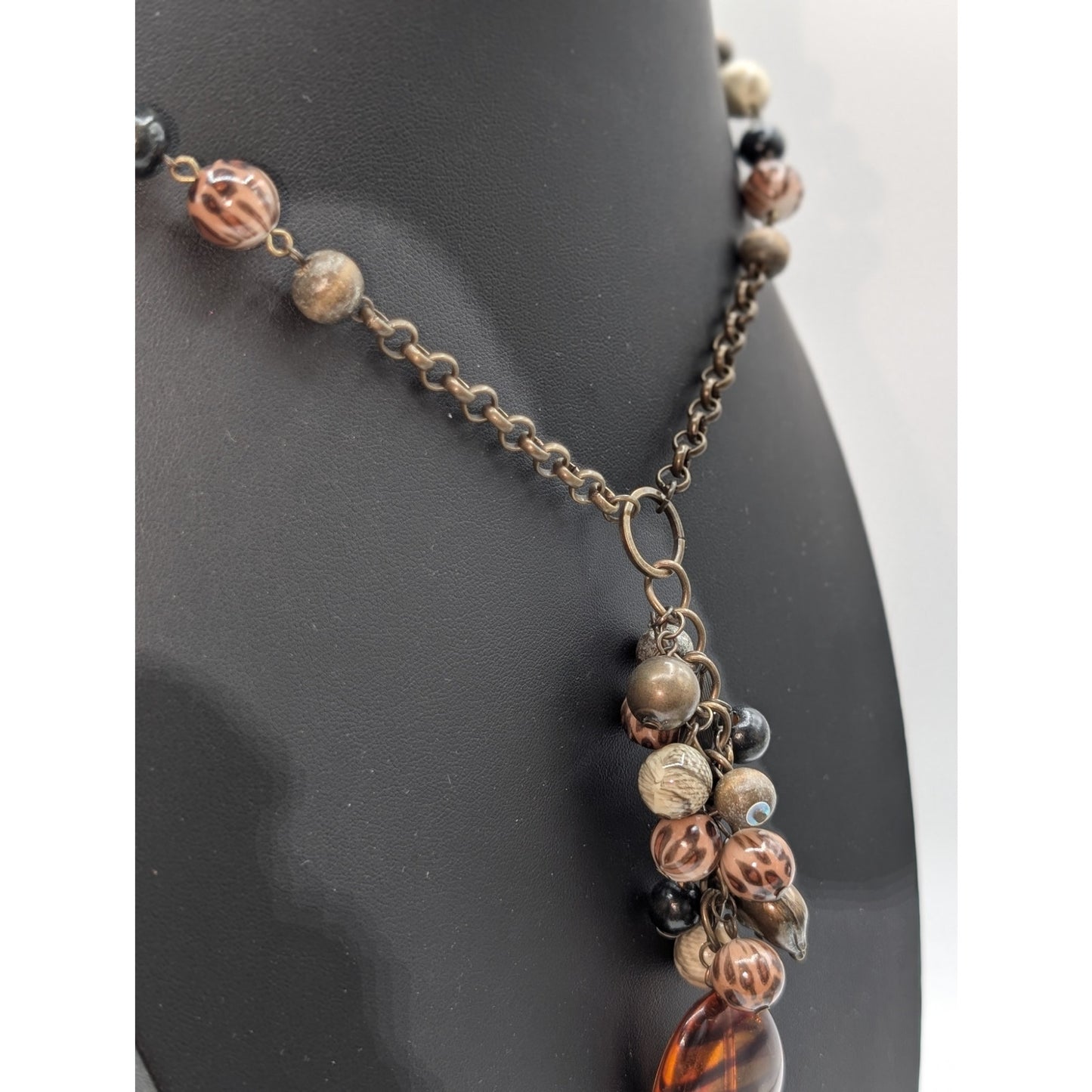 Antiqued Chain Animal Print Beaded Charm Cluster Drop 30" Necklace