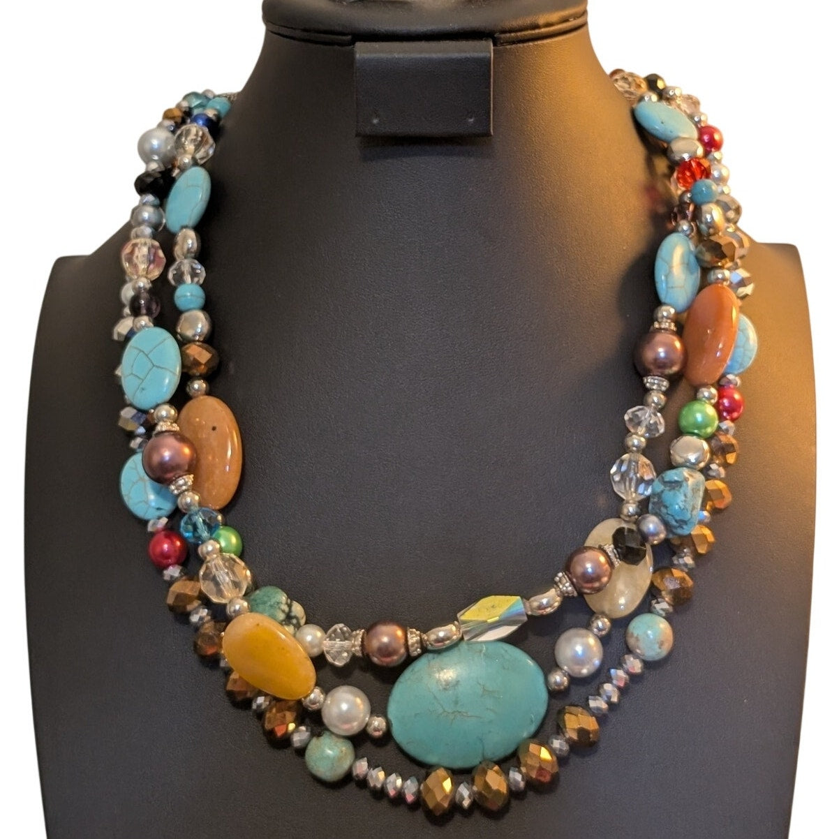 Southwest Layer Triple Strand Stone Crystal Bead Jeweled 20"-22.5" Necklace