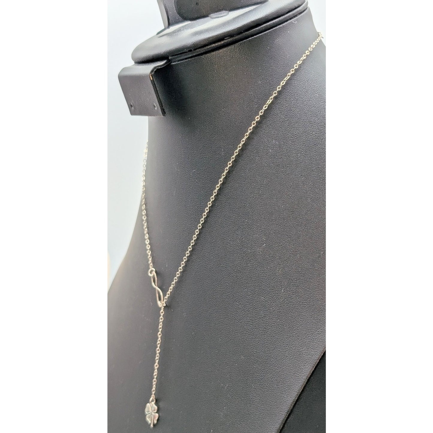 925 Sterling Silver Infinity Four Leaf Clover Lariat 16.75"-18.75" Necklace
