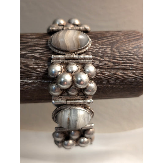 VTG Sculptural Mexican Sterling Silver Hinged Bracelet W/ Striated Agate Stones