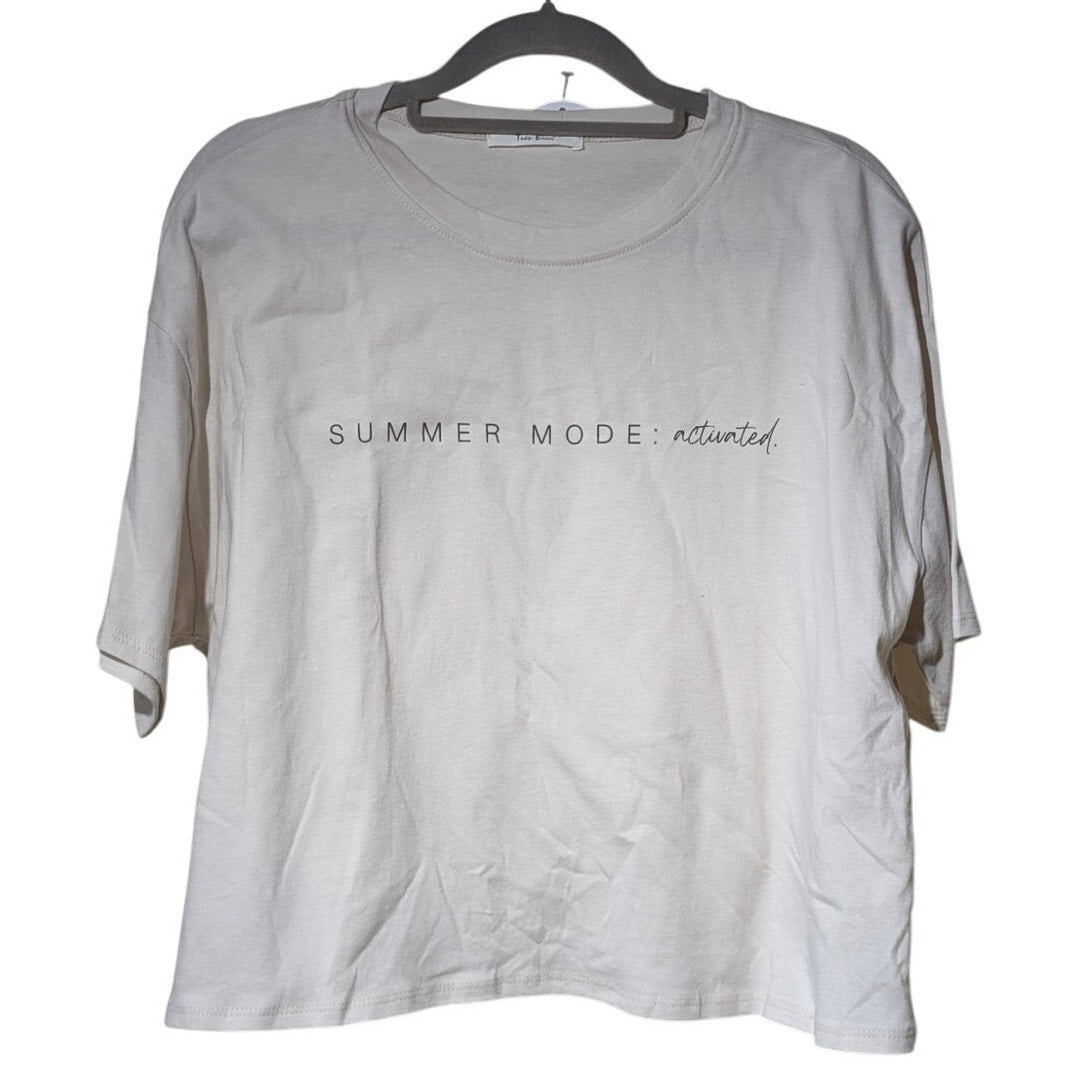 Tres Bien Ecru Script Tee Crop Oversized Shirt Womens Size S/M NWT