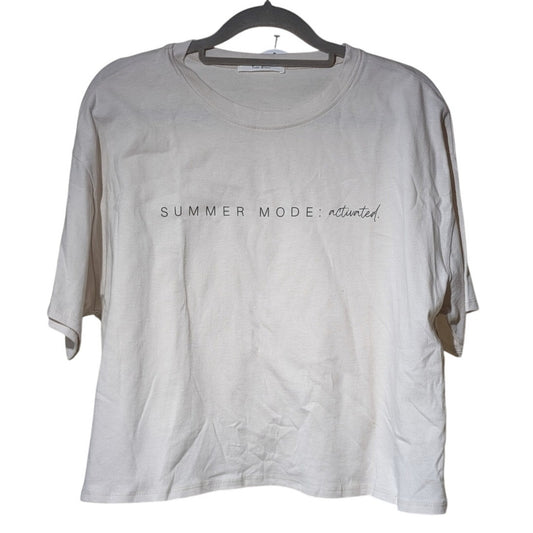 Tres Bien Ecru Script Tee Crop Oversized Shirt Womens Size S/M NWT