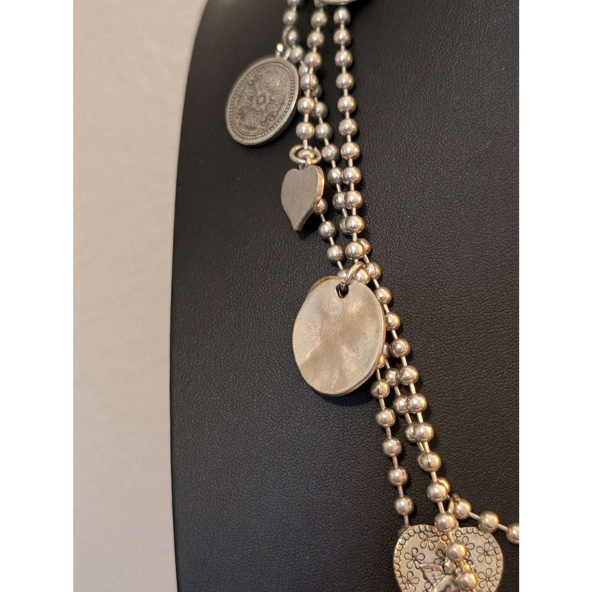 Silver Tone Bead Ball Chain W/ Medallian Charm Dangles & Lobster Claw Clasp