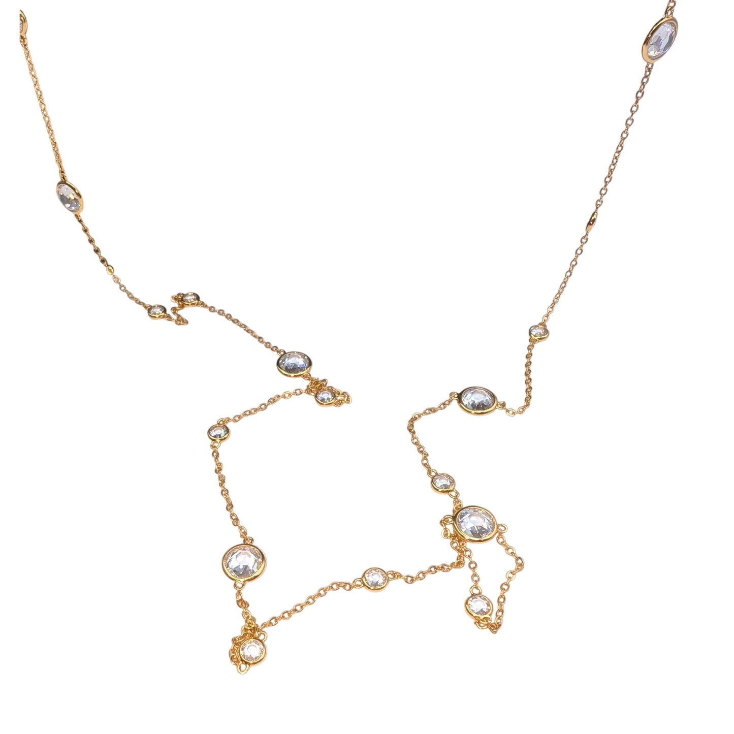 52" Long Gold Tone Bezel Set Small & Larger Glass Crystal Station Chain Necklace