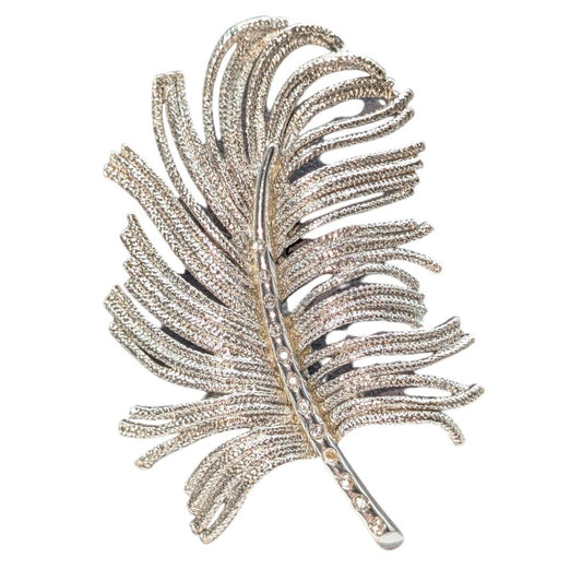 Vintage Monet Silver Tone Textured Rhinestone Feather Brooch Pin