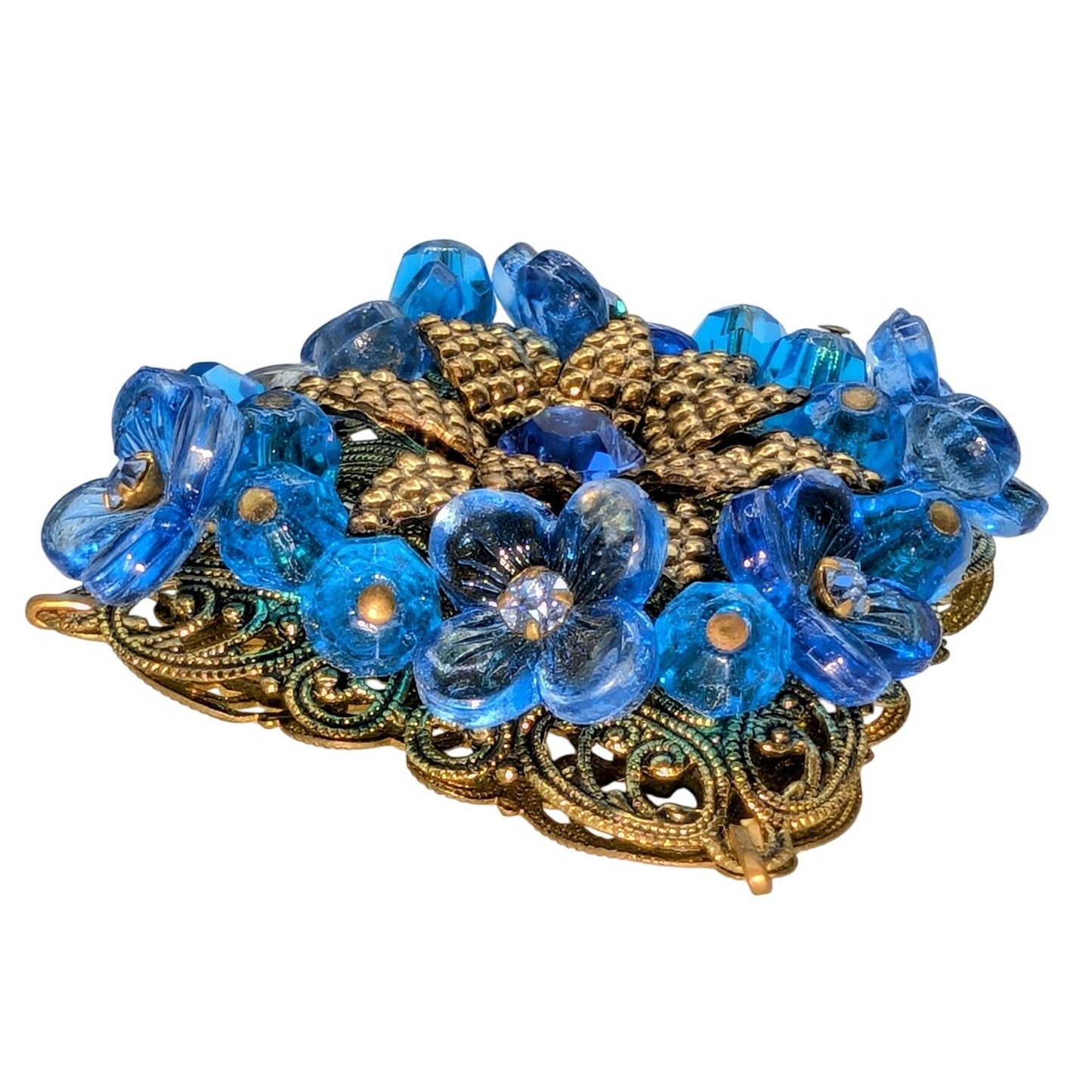 Vintage Signed Made in Germany Gold Tone Blue Floral Rhinestone Filigree Brooch