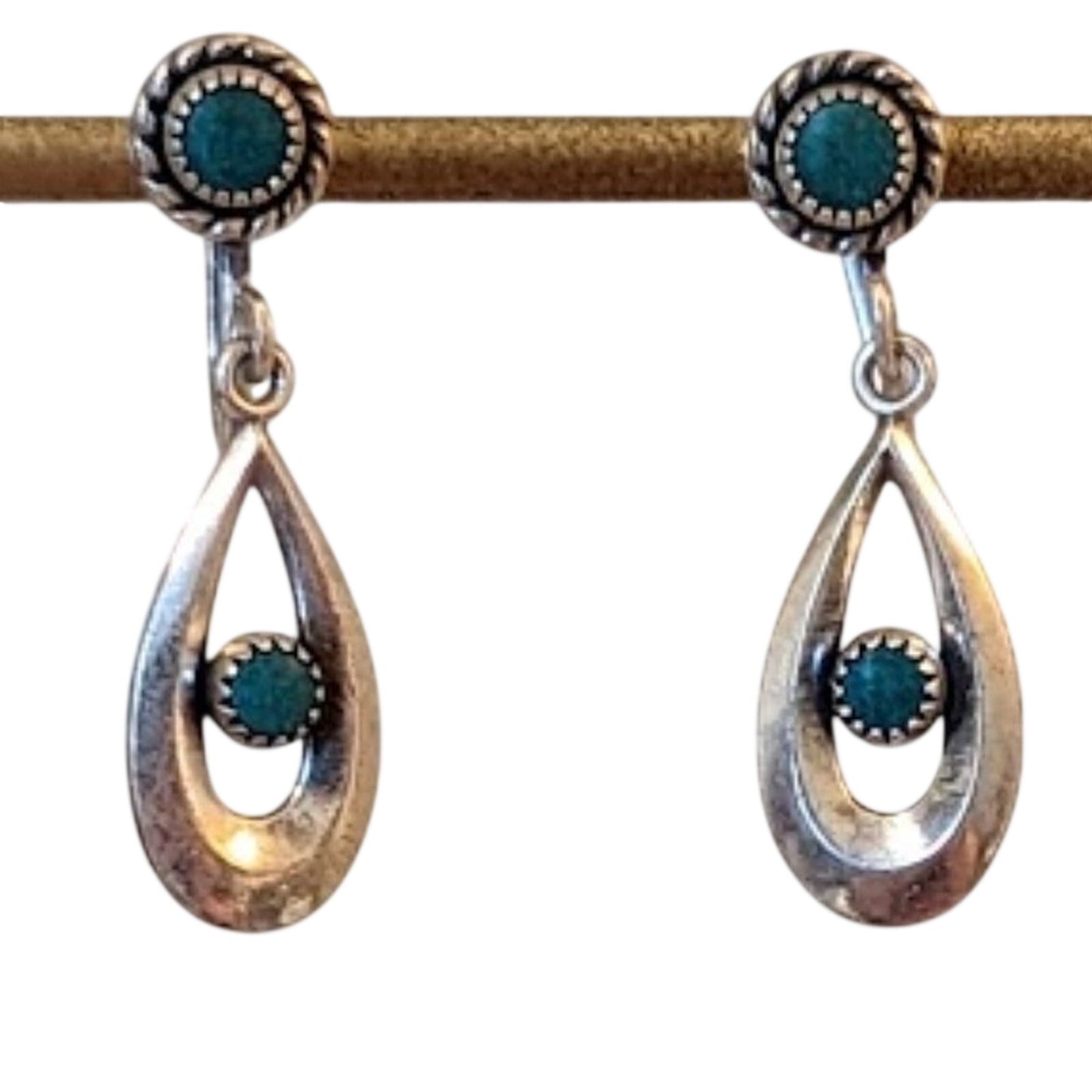 Vintage Marked Sterling Petit Point Turquoise Screw On Teardrop Dangle Earrings