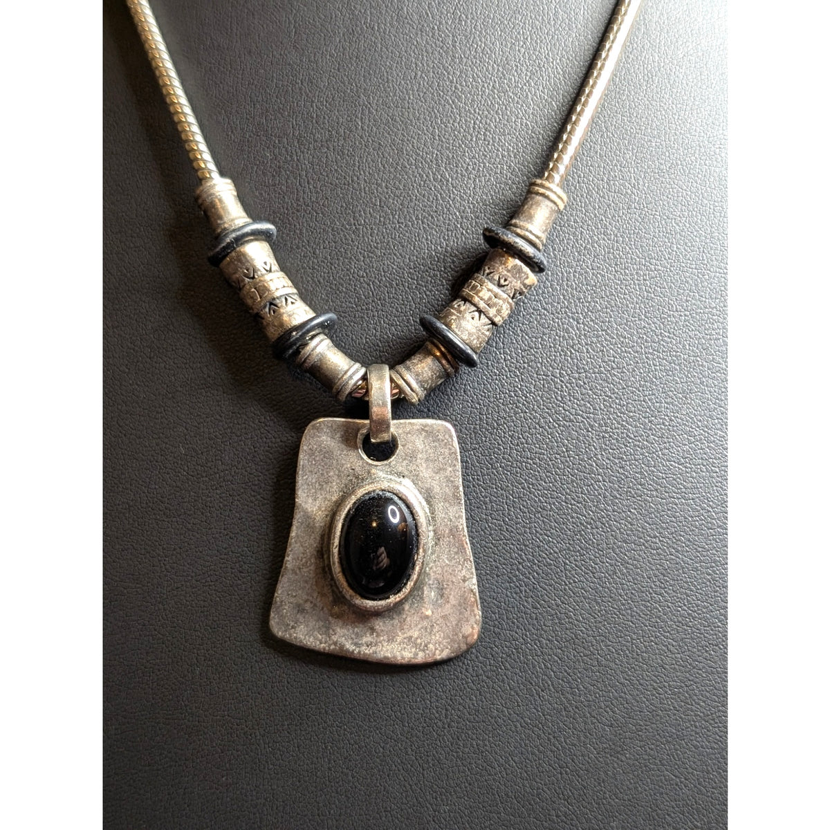Chico's Black Cabochon Pendant Silver Tone Pendant Snake Chain Necklace