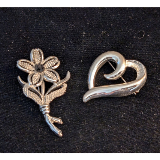 Two Vintage Signed Sarah Cov Flower & Napier Open Heart Brooches