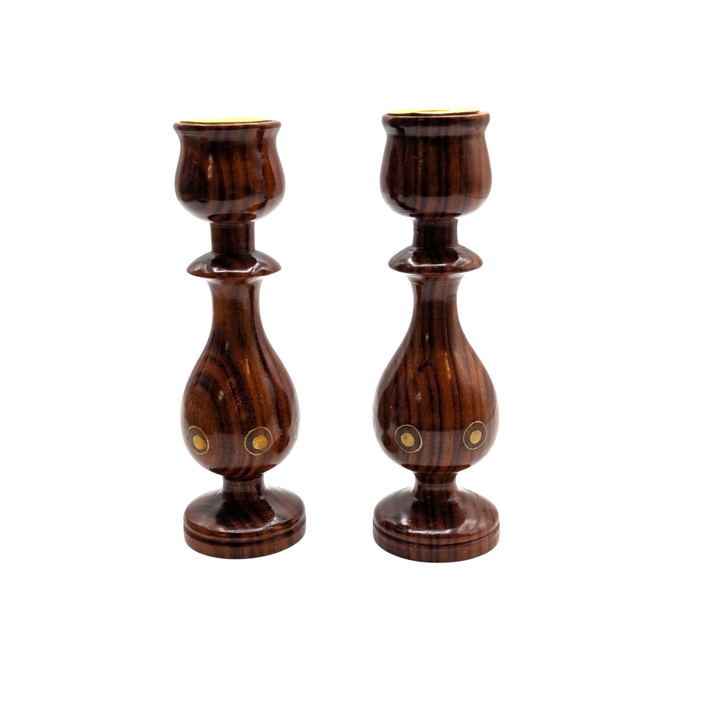 Set of Two Vintage Wood Gold Circle Petite Candle Holders