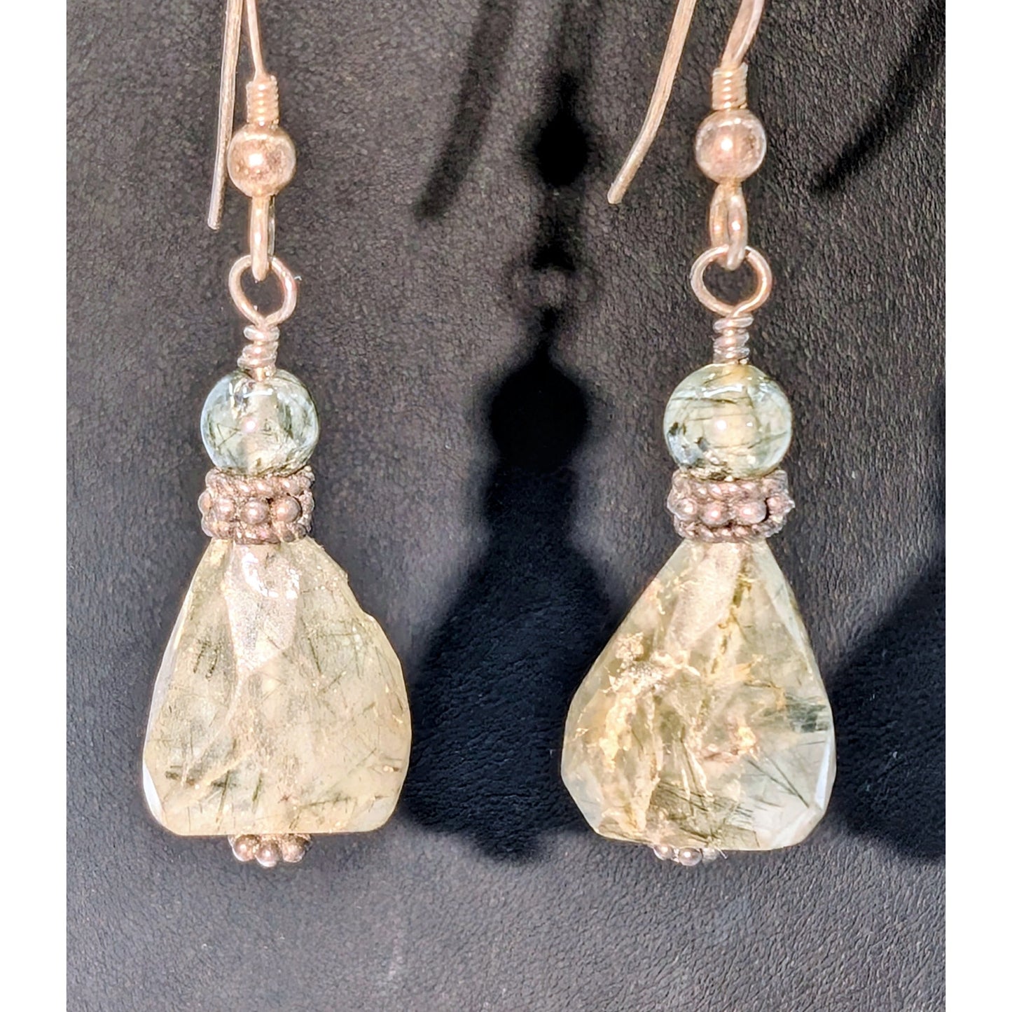 Vintage 925 Sterling Silver Ruff Cut Smoky Rutilated Quartz Dangle Earrings