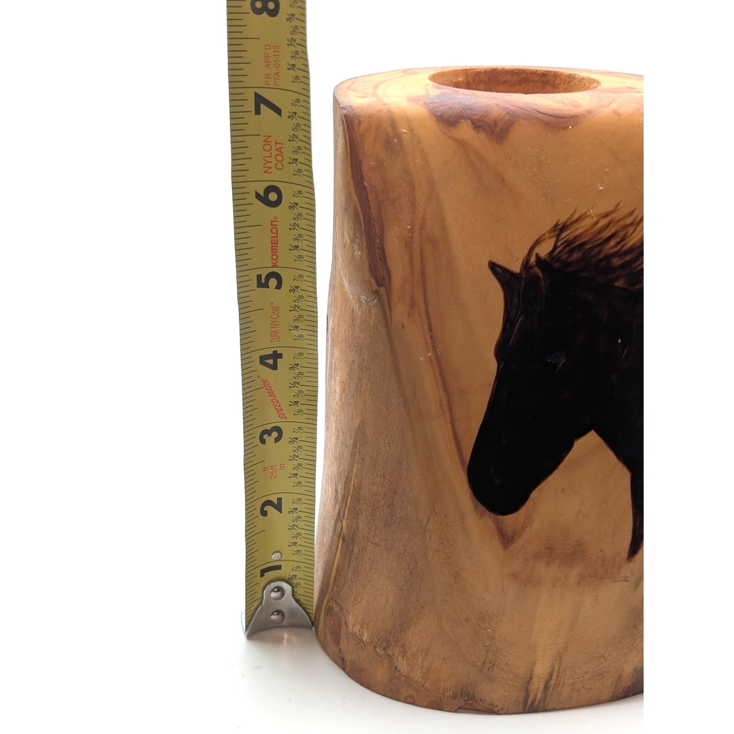 Artisan Created Wood Burned Horse Head Log Pillar Candle Holder