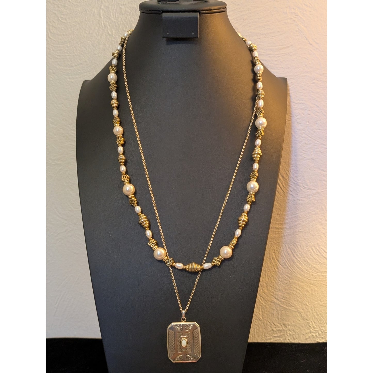 Lot of Two Gold Tone Necklaces Faux Pearl Gold Bead & Sarah Cov Opalite Pendant