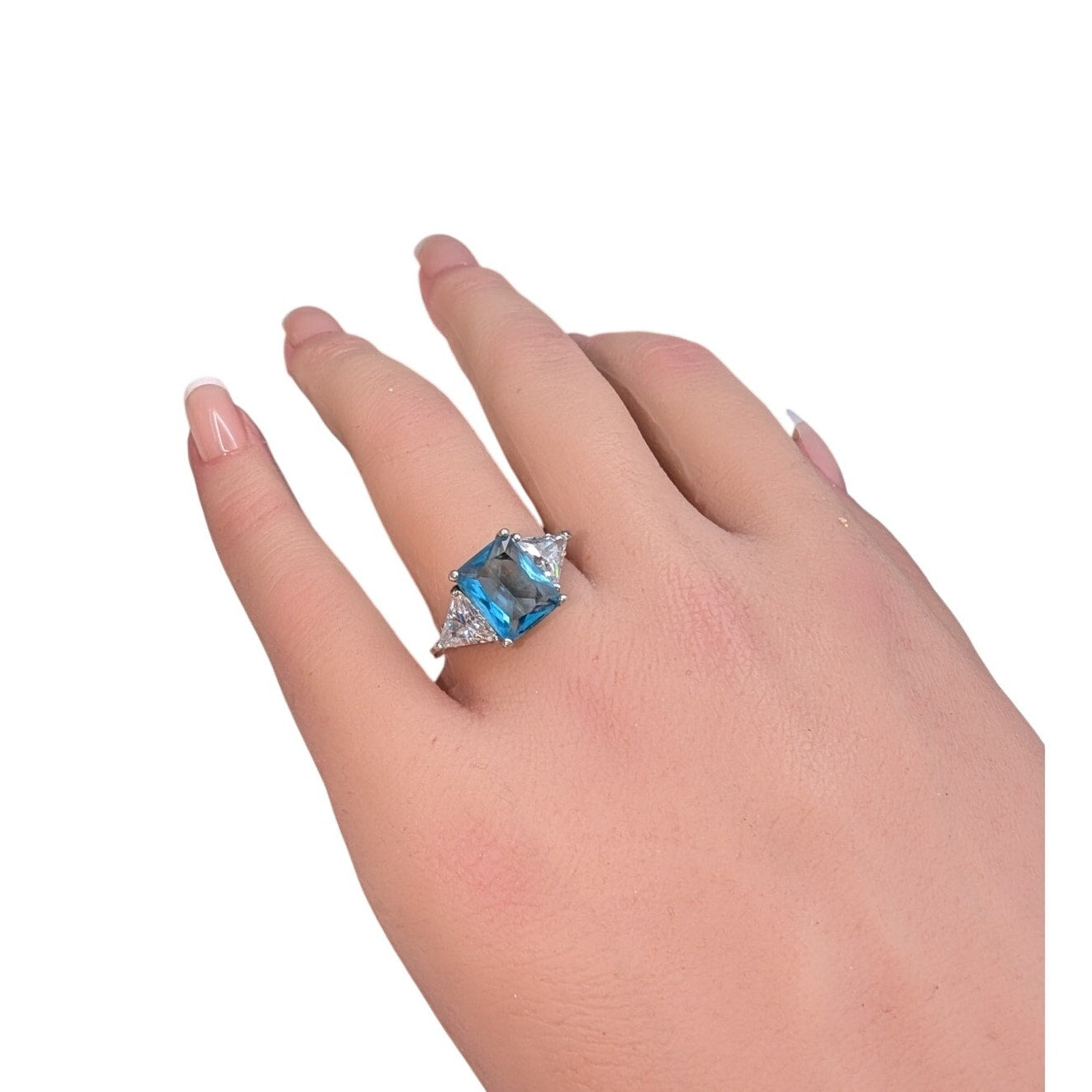 Silver Plated Blue Emerald Cut Center Stone Side Trillion CZ Cocktail Ring Sz 9