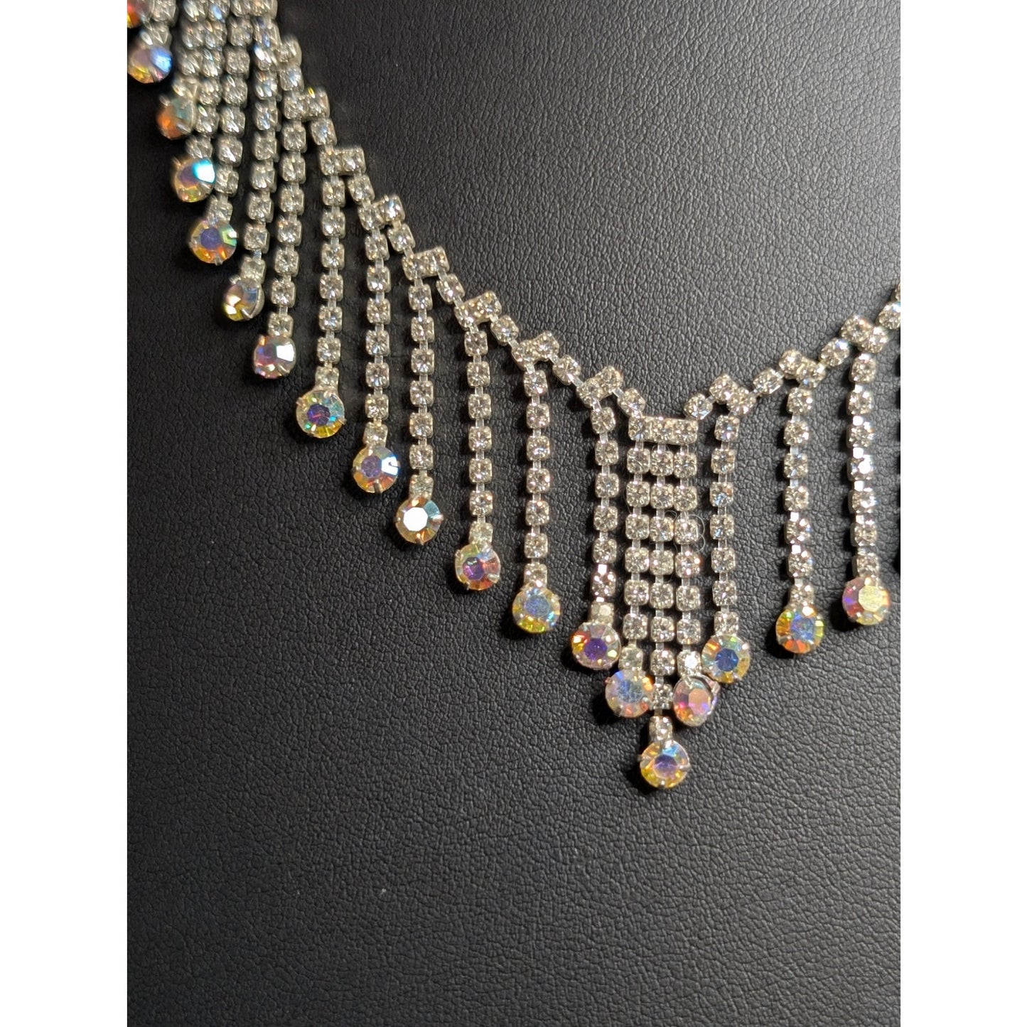 Rhinestone AB Crystal Fringe Dangle Silver Tone 17"-18" Necklace