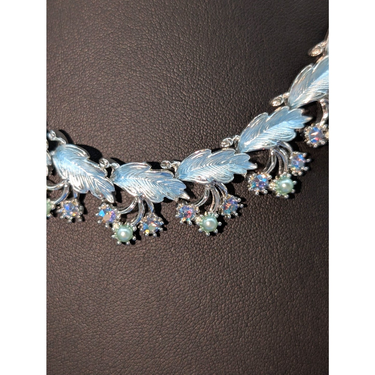 Vintage 50s Blue Leaf AB Crystal Pearl Silver Tone Hook Clasp 19" Chain Necklace
