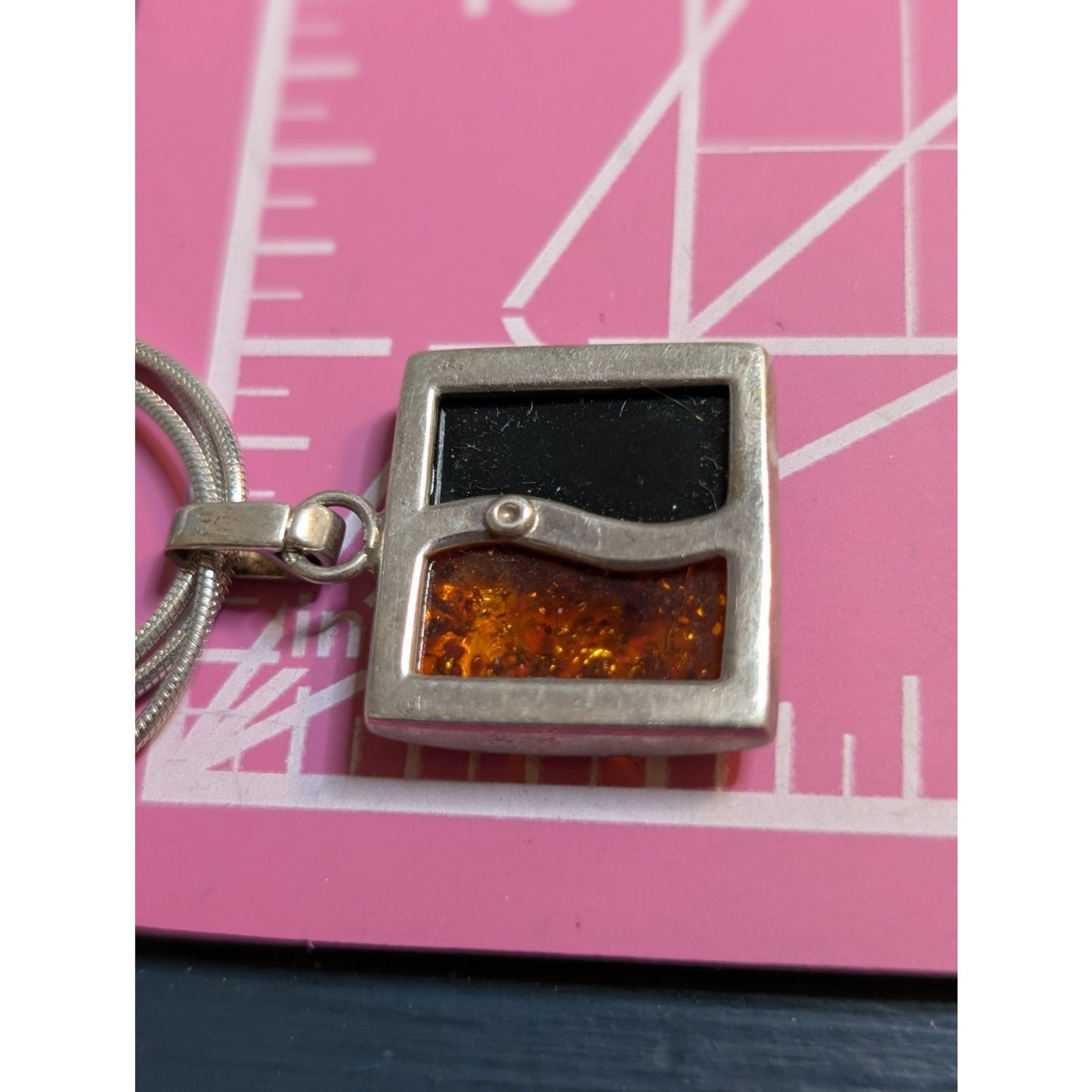 925 Italy Sterling Triple Snake Chain Two Color Amber Modernist Pendant Necklace