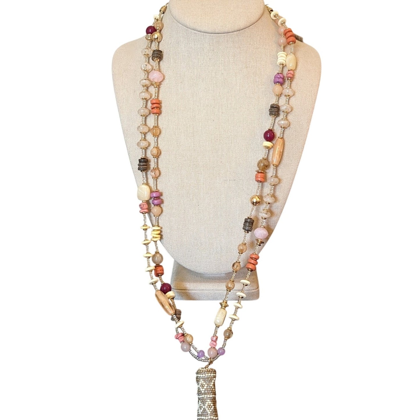 Chico's Mirai Multi Neutral Tassel Double Strand Beaded Long Necklace