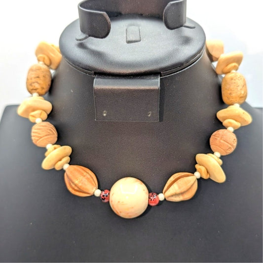 Vintage Chunky Neutral Tones Glass & Wood Beaded 17" Choker Necklace