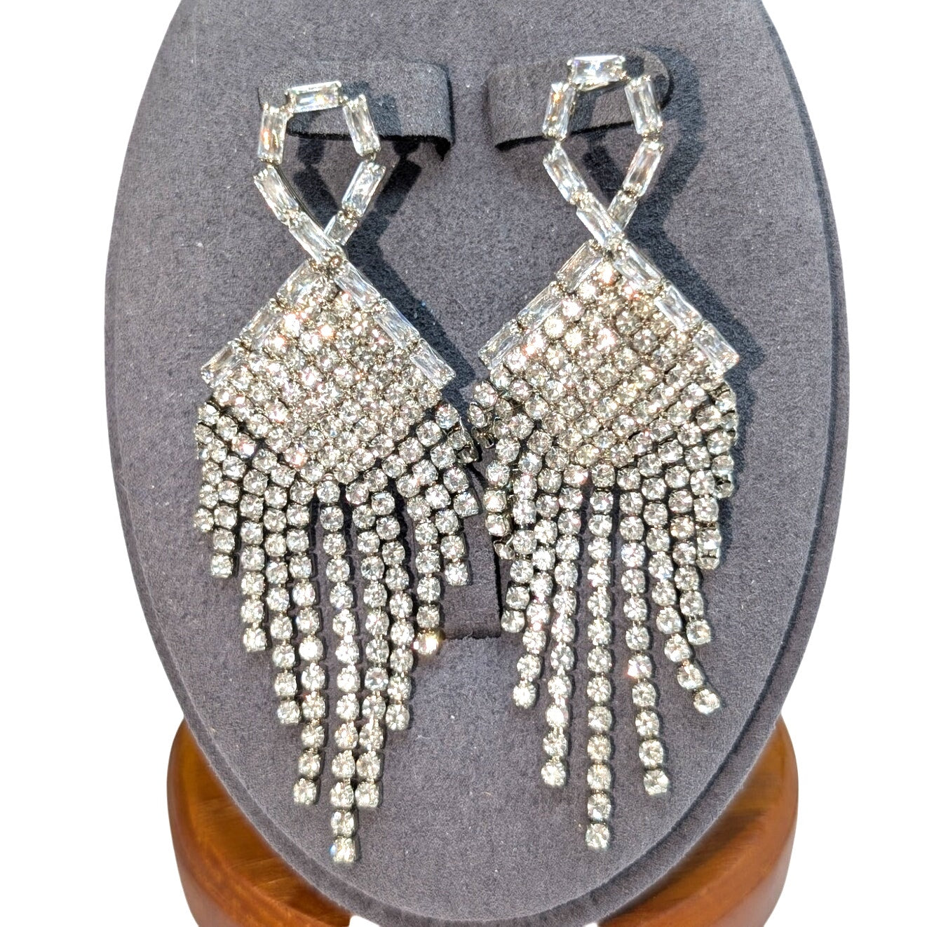 Rhinestone Fringe Dangle Round & Baguette Pierced Earrings