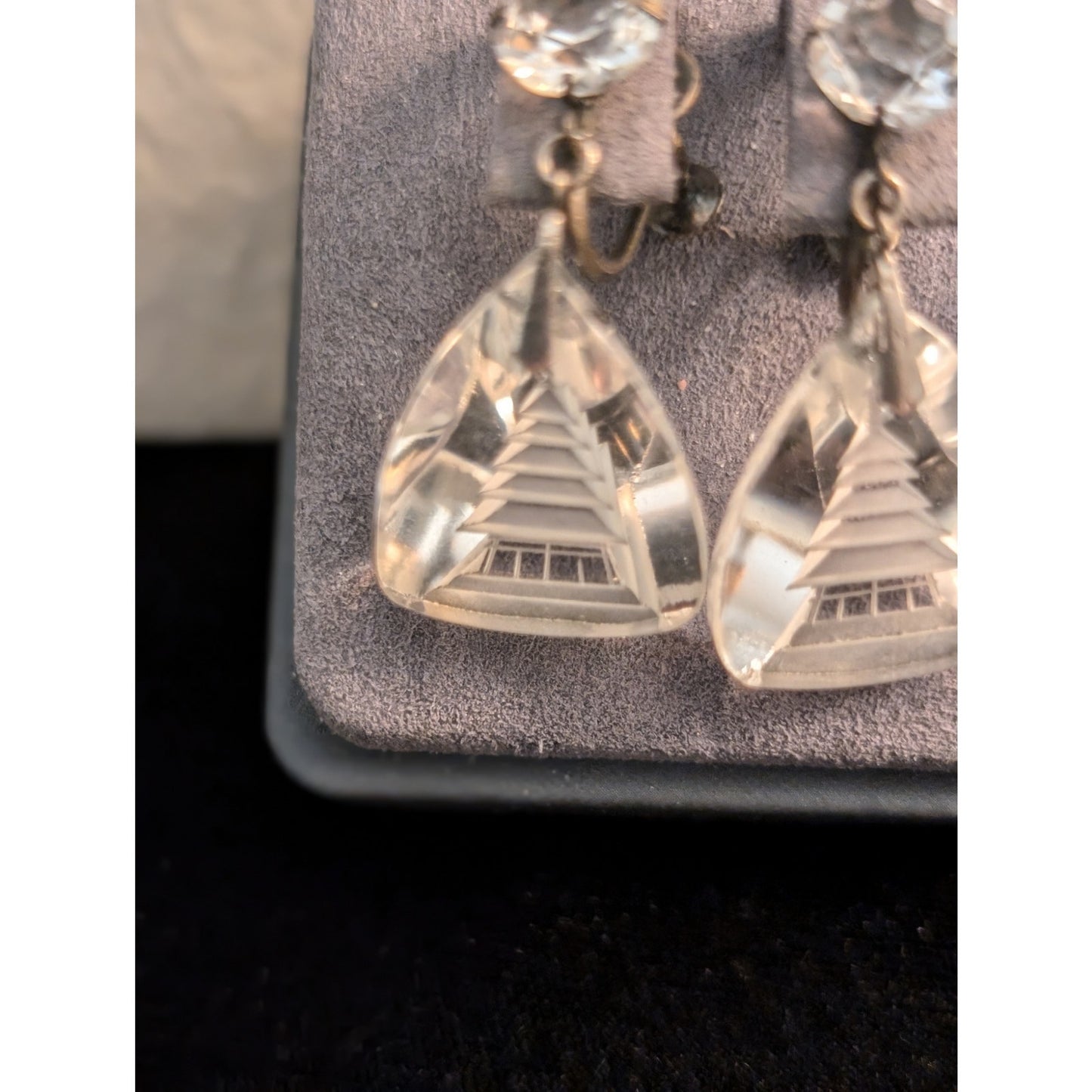 1930s Japanese Sterling Reverse Carved Rock Crystal Quartz Pagoda Earrings