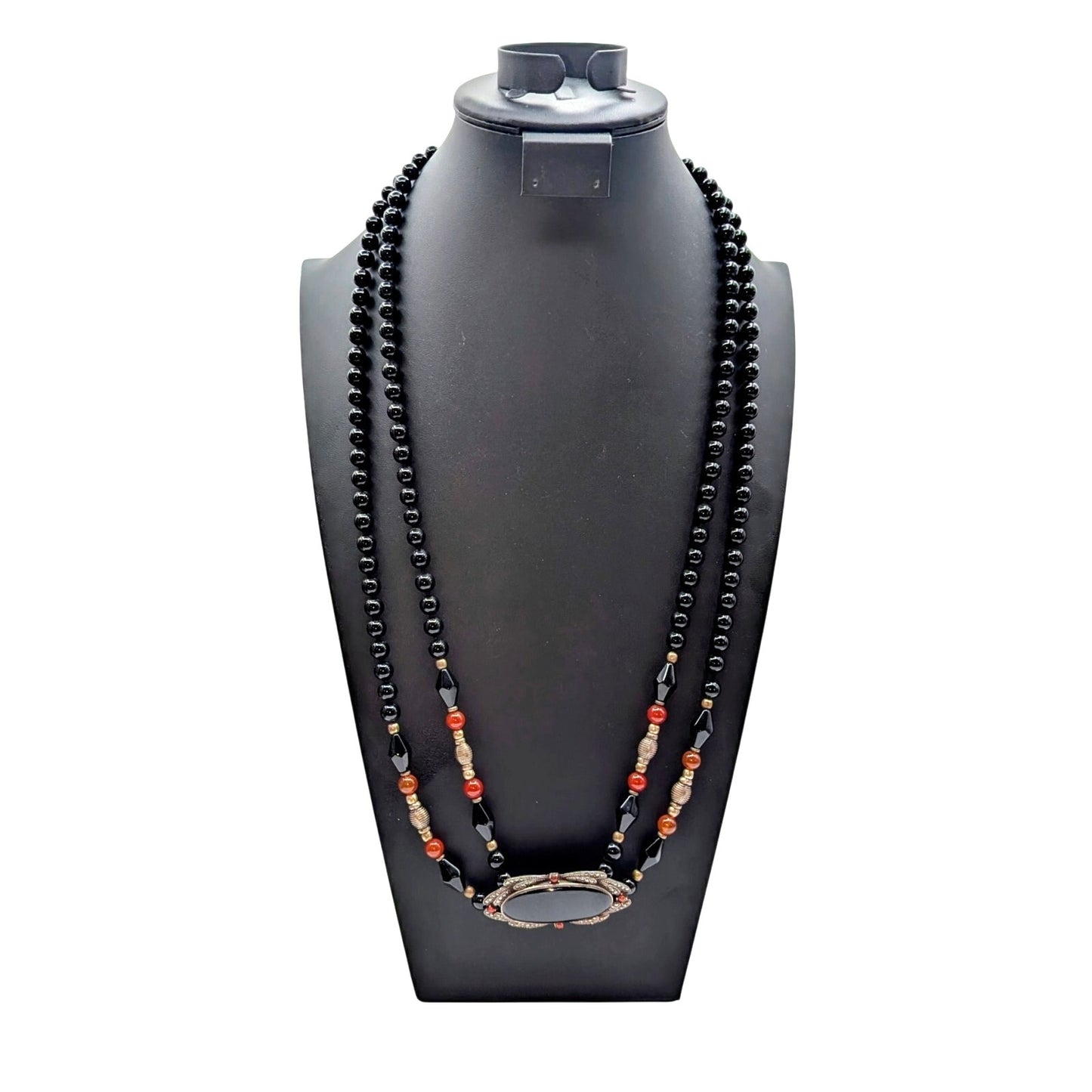 VTG Sterling Double Strand Black Onyx/Tourmaline Carnelian Marcasite Necklace