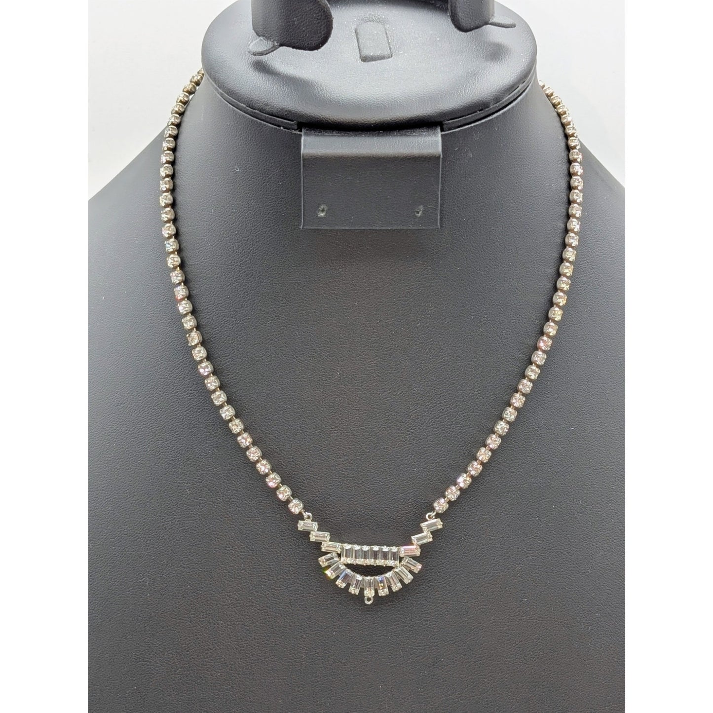 Vintage Marked WH Sterling Silver Crystal Fold Over Clasp 17.5" Necklace